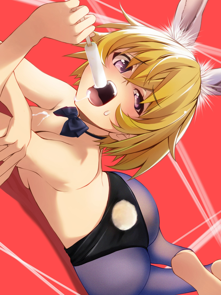 1girl alternate_breast_size animal_ear_fluff animal_ears ass barefoot black_bow black_bowtie blonde_hair bow bowtie breasts chuutaro_metal cleavage commentary_request food food_on_body food_on_breasts hand_on_own_arm highres higurashi_no_naku_koro_ni holding holding_food holding_popsicle houjou_satoko large_breasts lying on_stomach open_mouth pantyhose playboy_bunny popsicle purple_eyes rabbit_ears rabbit_tail red_background sexually_suggestive short_hair sideways soles solo sweat tail teeth