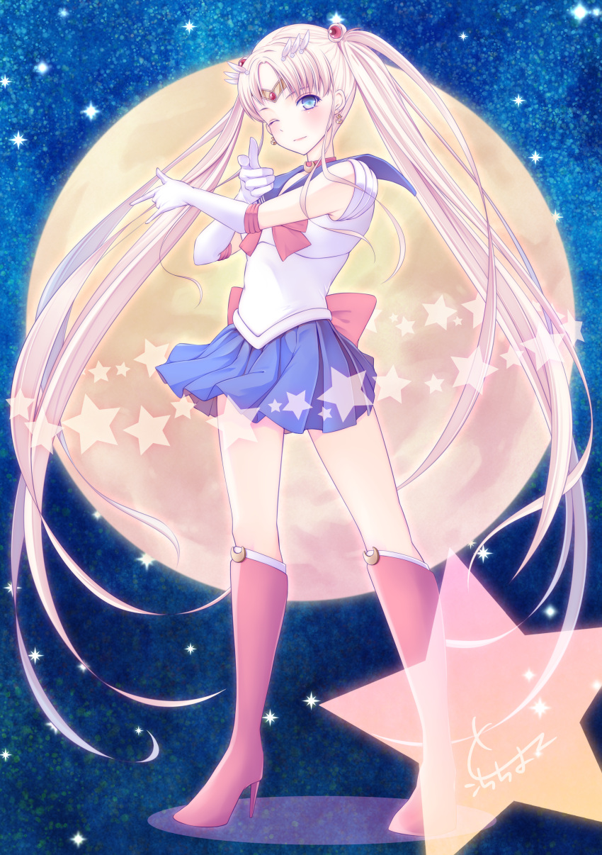 1girl absurdres back_bow bishoujo_senshi_sailor_moon blonde_hair blue_eyes blush boots bow choker circlet crescent double_bun earrings elbow_gloves full_body full_moon gloves hair_bun hair_ornament high_heel_boots high_heels highres jewelry long_hair looking_at_viewer moon one_eye_closed parted_bangs pleated_skirt pointing pointing_at_viewer sailor_collar sailor_moon sailor_senshi sailor_senshi_uniform short_sleeves skirt sky smile solo star_(sky) star_(symbol) starry_sky torachiyo_nagao tsuki_ni_kawatte_oshioki_yo tsukino_usagi very_long_hair