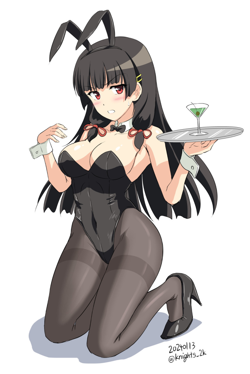 1girl alternate_costume animal_ears bare_shoulders black_hair black_leotard black_pantyhose blush breasts cleavage cocktail cocktail_glass covered_navel cup dated detached_collar drinking_glass embarrassed fake_animal_ears hair_ribbon highres isokaze_(kancolle) kantai_collection kishi_nisen kneeling leotard long_hair looking_at_viewer martini medium_breasts olive pantyhose playboy_bunny rabbit_ears red_eyes ribbon simple_background solo strapless strapless_leotard tray tress_ribbon twitter_username