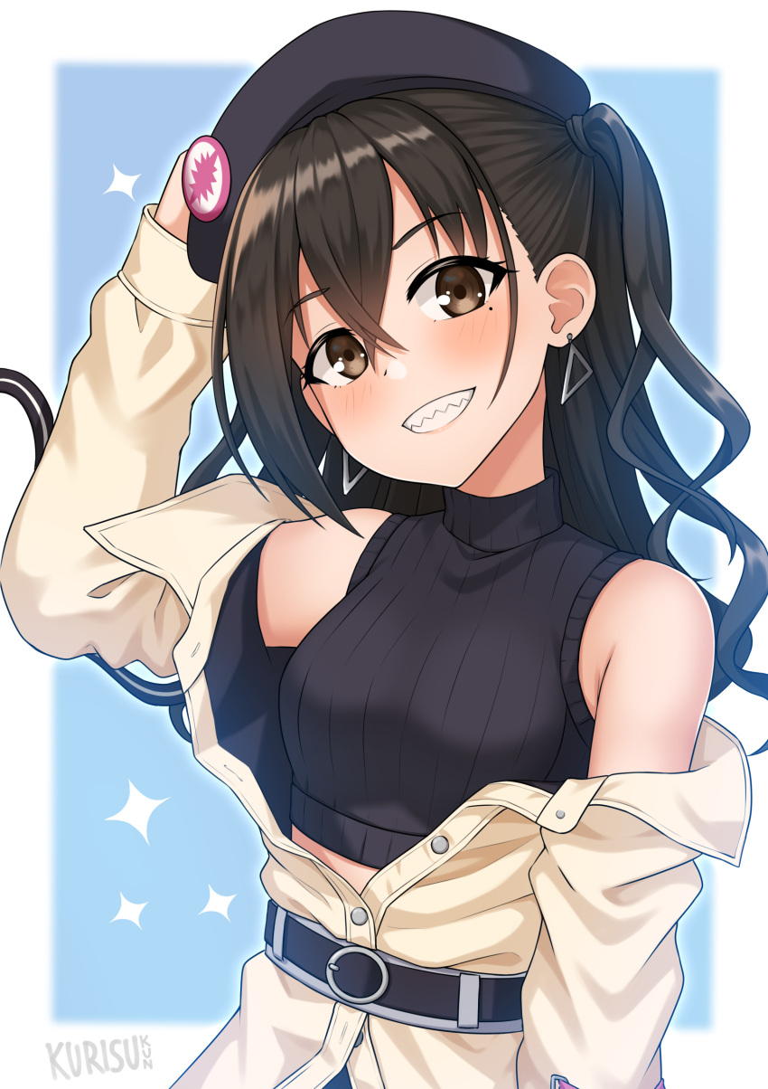 1girl absurdres arm_up artist_name badge bare_shoulders belt black_belt black_headwear black_shirt blue_background blush border breasts brown_eyes brown_hair button_badge crop_top cropped_shirt dot_nose earrings grin hair_between_eyes hair_tie hat highres idolmaster idolmaster_cinderella_girls idolmaster_cinderella_girls_starlight_stage jacket jewelry kurisu-kun long_hair long_sleeves looking_at_viewer mole mole_under_eye off_shoulder outside_border partially_unbuttoned sharp_teeth shirt simple_background sleeveless sleeveless_shirt small_breasts smile solo sparkle striped striped_shirt sunazuka_akira teeth triangle_earrings turtleneck twintails upper_body vertical-striped_shirt vertical_stripes white_border yellow_jacket