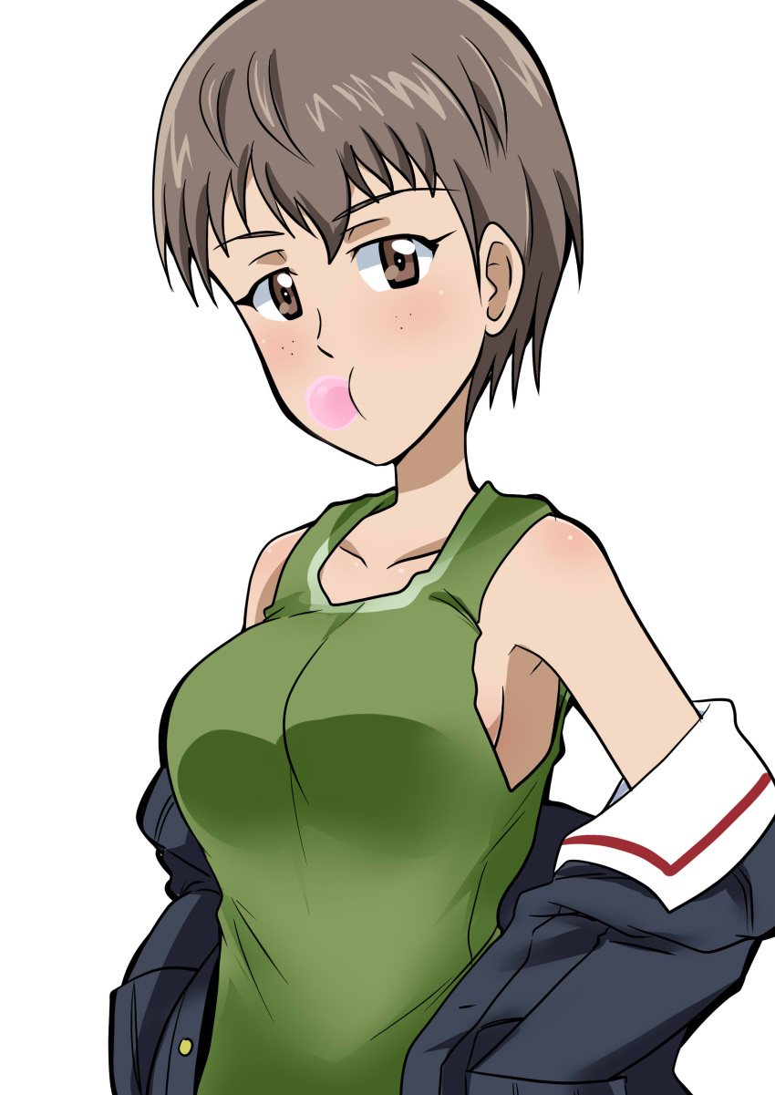 1girl absurdres alternate_costume blue_jacket brown_eyes brown_hair chewing_gum commentary freckles girls_und_panzer green_tank_top highres jacket jacket_pull long_sleeves looking_at_viewer military_uniform naomi_(girls_und_panzer) ooarai_military_uniform open_clothes open_jacket short_hair simple_background solo tank_top uniform very_short_hair wakku_kan white_background