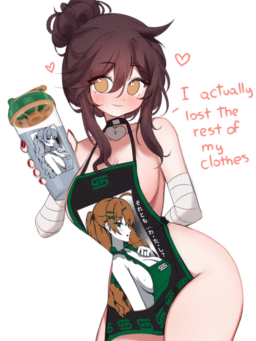 1girl absurdres ad apron bandaged_arm bandages bare_shoulders blush breasts brown_hair choker cleavage colored_text cup english_text hair_between_eyes hair_up highres holding holding_cup large_breasts long_hair looking_at_viewer naked_apron original simple_background sky_above_me smile solo thighs very_long_hair white_background