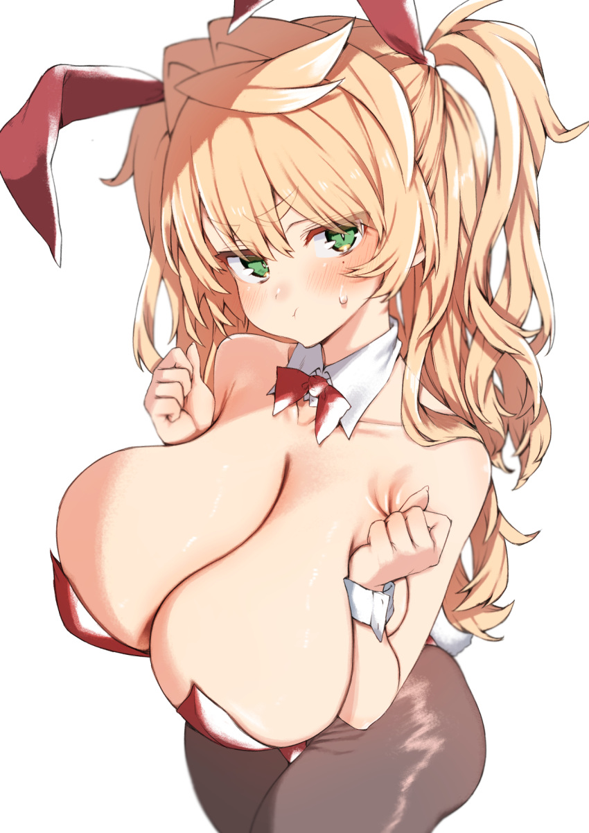 1girl :t animal_ears black_pantyhose blonde_hair blush bow bowtie breasts closed_mouth cowboy_shot detached_collar detached_sleeves fake_animal_ears green_eyes highres huge_breasts kz_oji leotard long_hair looking_at_viewer original pantyhose playboy_bunny pout rabbit_ears rabbit_tail red_bow red_bowtie red_leotard simple_background solo sweatdrop tail thick_eyebrows white_background