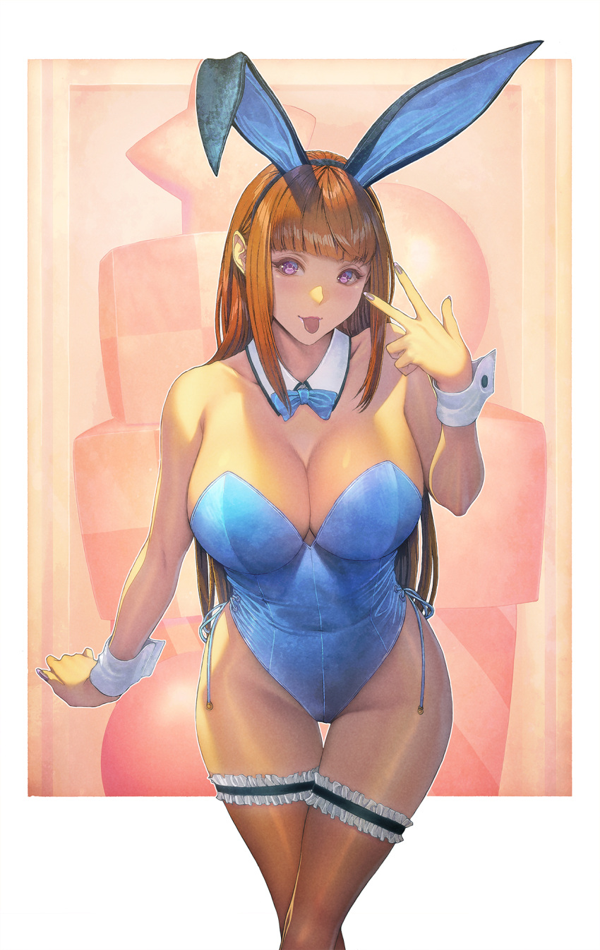 1girl animal_ears bare_shoulders blue_bow blue_bowtie blue_leotard border bow bowtie breasts brown_hair contrapposto cowboy_shot fake_animal_ears highres homare_(fool's_art) large_breasts leotard long_hair looking_at_viewer original pantyhose pink_background playboy_bunny purple_eyes rabbit_ears thighband_pantyhose thighhighs tongue tongue_out white_border wrist_cuffs