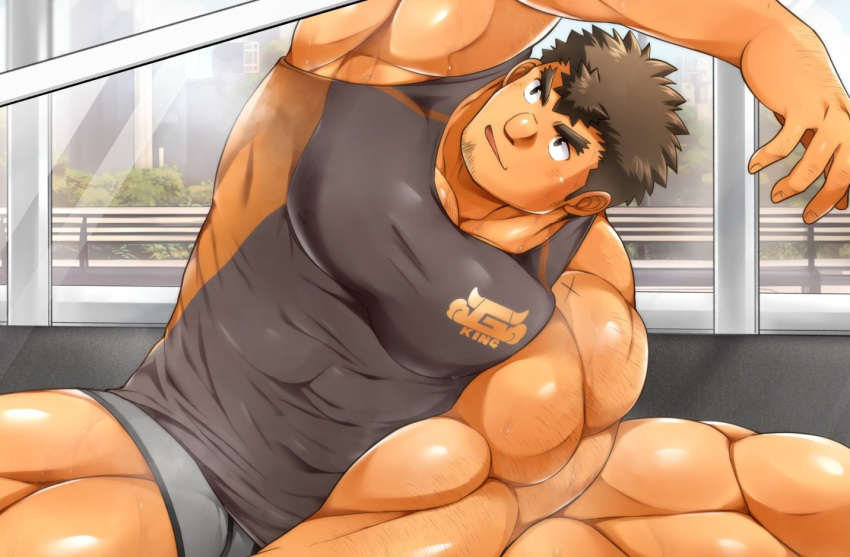 1boy bara brown_hair cowboy_shot dark-skinned_male dark_skin facial_hair feet_out_of_frame flexible forked_eyebrows goatee goatee_stubble kontahsm large_pectorals long_sideburns male_focus micro_shorts muscular muscular_male pectorals shirt shorts sideburns sleeveless sleeveless_shirt smile solo sparse_arm_hair sparse_chest_hair split spread_legs steaming_body stretching stubble sweat takabushi_kengo thick_eyebrows tokyo_afterschool_summoners wide_spread_legs