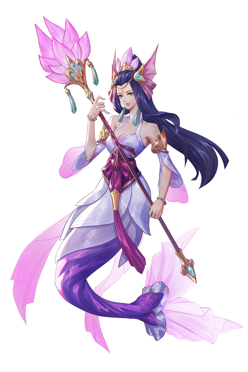 1girl absurdres bare_shoulders bow bracelet breasts cleavage closed_mouth collarbone dress hair_ornament hand_up highres jewelry large_breasts league_of_legends long_hair mermaid monster_girl nami_(league_of_legends) red_bow simple_background smile solo splendid_staff_nami third-party_source white_background