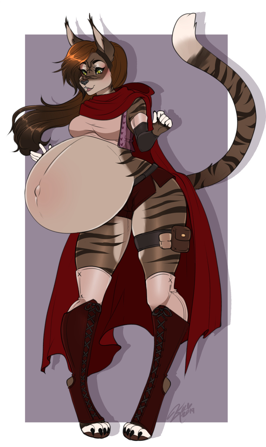 2019 4_toes 5_fingers absurd_res anthro arm_guards belly belly_blush belt big_belly black_nose blush body_blush boots border bottomwear breasts brown_body brown_fur brown_hair cloak clothed clothing ear_tuft feet felid female fingers footwear fur hair hi_res hiddenwolf hood j'azirii_sekibo legband leggings legwear long_hair mammal navel open_mouth outie_navel pantherine paws pouch_(clothing) pregnant pregnant_female purple_background shirt shorts signature simple_background solo striped_body striped_fur stripes teeth thighband tiger toes topwear tuft vest white_body white_border white_fur yellow_eyes