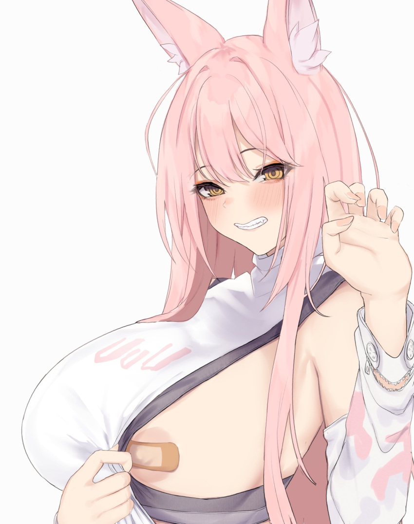 1girl animal_ear_fluff animal_ears areola_slip armpit_peek bandaid bandaids_on_nipples breasts claw_pose clothes_pull commentary_request dera_self detached_sleeves goddess_of_victory:_nikke grin hair_between_eyes hand_up highres large_breasts leona_(nikke) long_hair looking_at_viewer pasties pink_hair pulled_by_self shirt shirt_pull sideboob sideless_outfit sideless_shirt simple_background smile solo turtleneck_shirt upper_body white_background white_shirt white_sleeves yellow_eyes