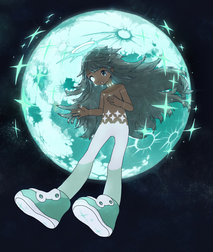 1other androgynous angel ao_fujimori aqua_halo blue_background blue_eyes choker crying dark_skin from_below galaxy green_footwear halo heterochromia highres long_hair mascot messy_hair mili_(band) official_art original planet shoes solo sparkle stitched_arm stitched_neck stitches tears teeth topless white_eyes