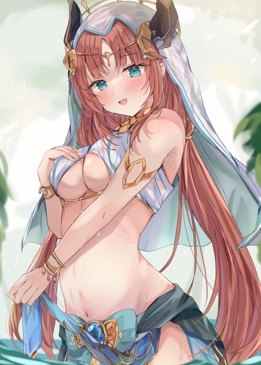 1girl aqua_bow aqua_eyes aqua_sarong arabian_clothes armlet bare_shoulders black_horns blue_gemstone blurry bow breasts commentary crop_top dancer depth_of_field fake_horns gem genshin_impact gold_trim hand_on_own_chest highres horns low_twintails maruro medium_breasts navel nilou_(genshin_impact) open_mouth parted_bangs red_hair sarong smile solo twintails underboob upper_body veil white_headwear