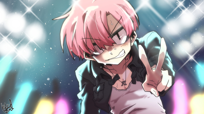 &gt;:) 1boy absurdres artist_name bags_under_eyes black_eyes black_jacket collarbone edkuroki highres jacket light_particles lights male_focus neon_lights original park_jinim_(parkgee) pink_hair pov shirt short_hair signature smile smug solo sweat sweatdrop teeth v v-shaped_eyebrows white_shirt