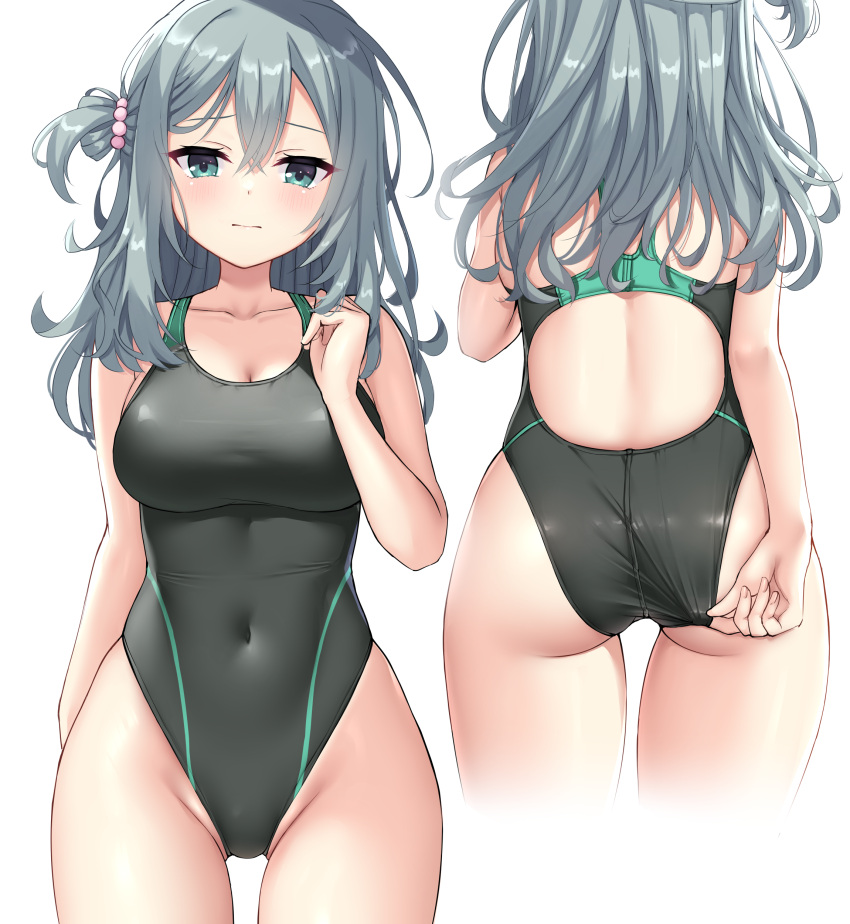 1girl absurdres adjusting_clothes adjusting_swimsuit aqua_eyes ass back bare_arms bare_shoulders black_one-piece_swimsuit blush breasts closed_mouth collarbone competition_swimsuit covered_navel cowboy_shot cropped_legs from_behind frown grey_hair highres impossible_clothes impossible_swimsuit large_breasts long_hair looking_at_viewer multiple_views ncontrail_(mgax7527) one-piece_swimsuit one_side_up riddle_joker shikibe_mayu simple_background swimsuit white_background