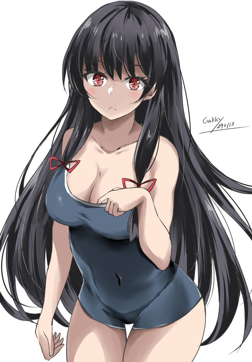 1girl alternate_breast_size artist_name black_hair blue_one-piece_swimsuit breasts commentary_request competition_school_swimsuit cowboy_shot dated gakky hair_ribbon highres isokaze_(kancolle) kantai_collection long_hair looking_at_viewer one-hour_drawing_challenge one-piece_swimsuit red_eyes ribbon school_swimsuit small_breasts solo standing swimsuit tress_ribbon twitter_username