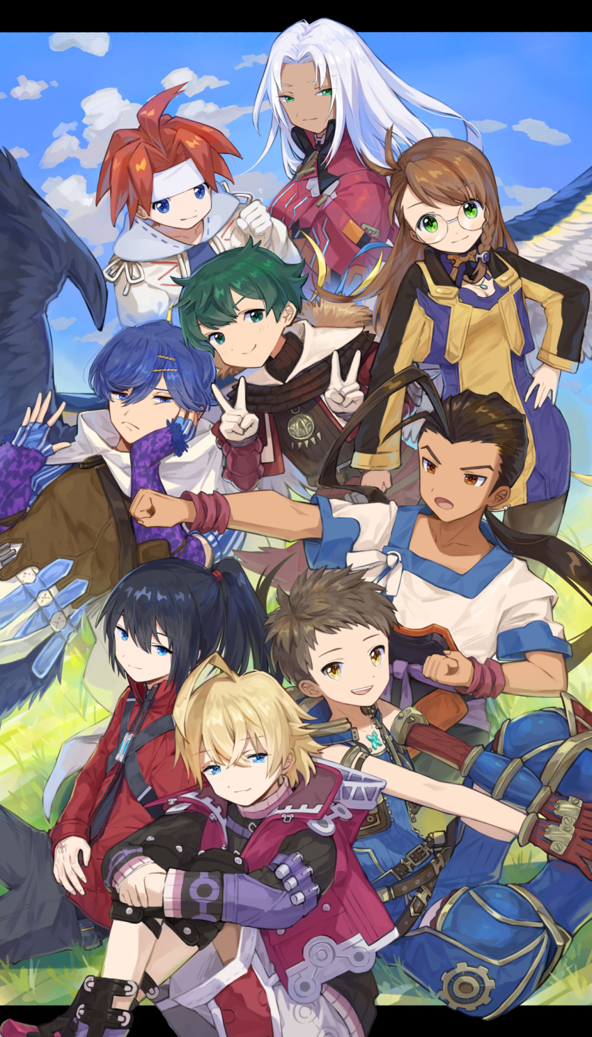2girls 6+boys asagi1111 baten_kaitos baten_kaitos_origins blonde_hair brown_hair chest_jewel company_connection crossover dark-skinned_male dark_skin elma_(xenoblade_x) english_commentary fei_fong_wong glasses grass green_hair grey_hair headband highres in-franchise_crossover kalas_(baten_kaitos) looking_at_viewer mixed-language_commentary monolith_soft multiple_boys multiple_crossover multiple_girls noah_(xenoblade) ponytail red_hair rex_(xenoblade) sagi_(baten_kaitos) shion_uzuki shulk_(xenoblade) sitting smile soma_bringer v welt_(soma_bringer) xenoblade_chronicles_(series) xenoblade_chronicles_1 xenoblade_chronicles_2 xenoblade_chronicles_3 xenoblade_chronicles_x xenogears xenosaga