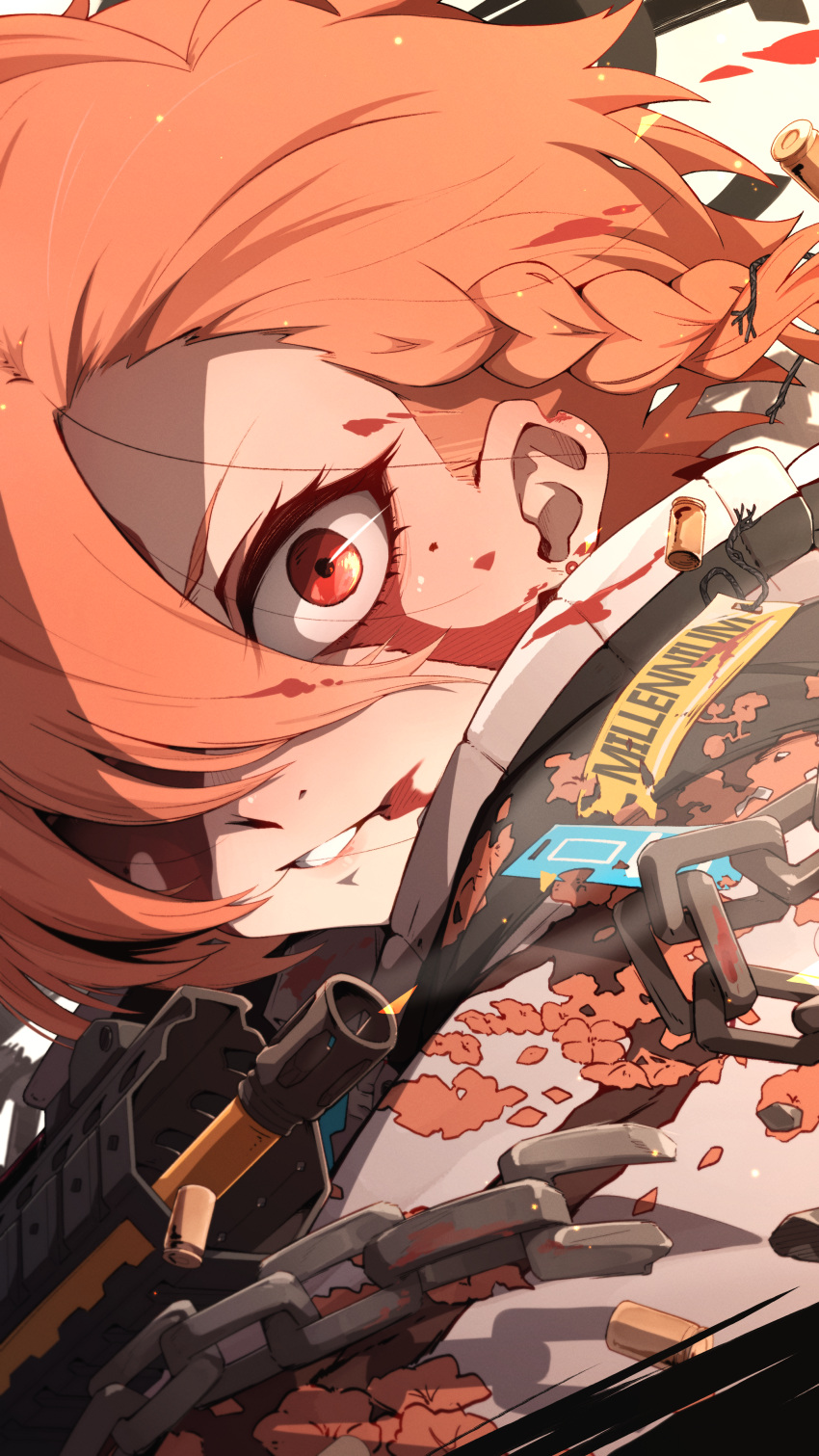 1girl absurdres blood blood_on_face blue_archive braid bullet chain gun halo highres if_f jacket looking_at_viewer neru_(blue_archive) open_mouth red_eyes red_hair short_hair single_braid solo sukajan upper_body weapon