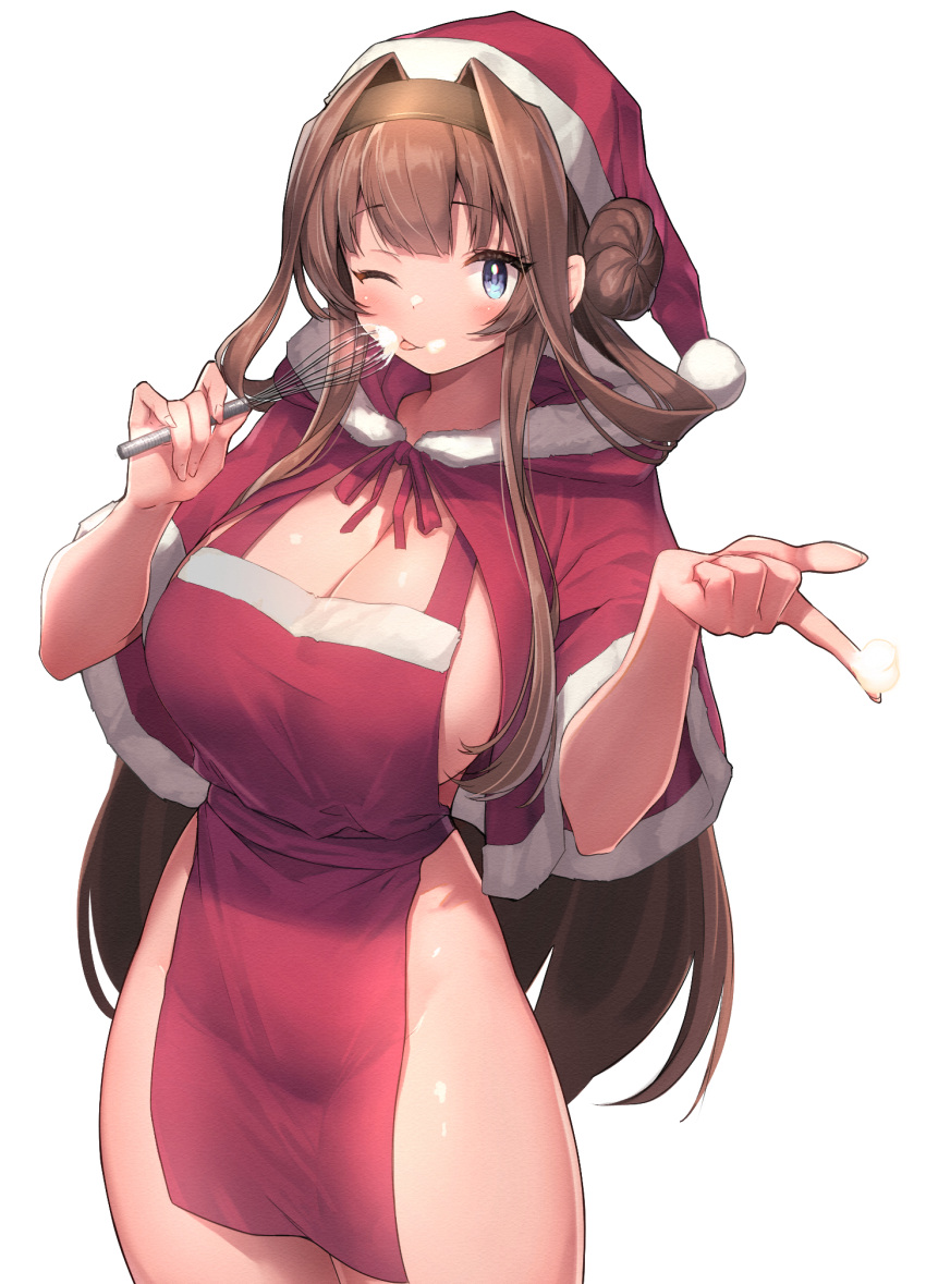 1girl alternate_costume apron blue_eyes bottomless breasts brown_eyes capelet cleavage cowboy_shot cream double_bun hair_bun hairband highres kantai_collection kongou_(kancolle) large_breasts long_hair looking_at_viewer naked_apron one_eye_closed santa_costume sideboob siesta_(artist) simple_background smile solo teeth tongue tongue_out white_background
