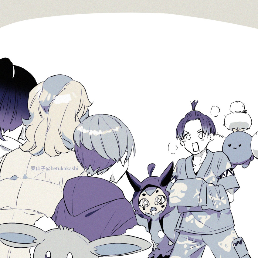 2boys 2girls arven_(pokemon) cross-laced_clothes cross-laced_sleeves fangs festival_jinbei florian_(pokemon) highres holding holding_clothes hood hoodie jinbei_(clothes) jumpluff kakashi_(ayrnmi_24) limited_palette long_hair monochrome multiple_boys multiple_girls nemona_(pokemon) official_alternate_costume ogerpon open_mouth penny_(pokemon) pokemon pokemon_(creature) pokemon_sv short_hair star-shaped_pupils star_(symbol) symbol-shaped_pupils topknot