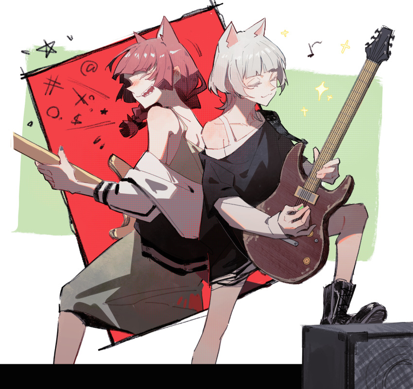 2girls :3 :d amplifier animal_ears back-to-back bang_dream! bang_dream!_it's_mygo!!!!! bare_legs bare_shoulders bass_guitar black_footwear black_shirt bocchi_the_rock! boots braid cat_ears chinese_commentary closed_eyes commentary_request crossover die_(die0118) dress electric_guitar genre_connection grawlix green_background green_dress grey_nails guitar highres hiroi_kikuri holding holding_plectrum instrument jacket jacket_partially_removed kaname_raana long_sleeves medium_hair motion_lines multicolored_background multiple_girls music musical_note nail_polish off-shoulder_shirt off_shoulder outside_border playing_instrument plectrum pointy_nose red_background red_hair screentones sharp_teeth shirt shirt_under_shirt sidelighting sidelocks smile stepping teeth trait_connection white_hair white_jacket white_shirt