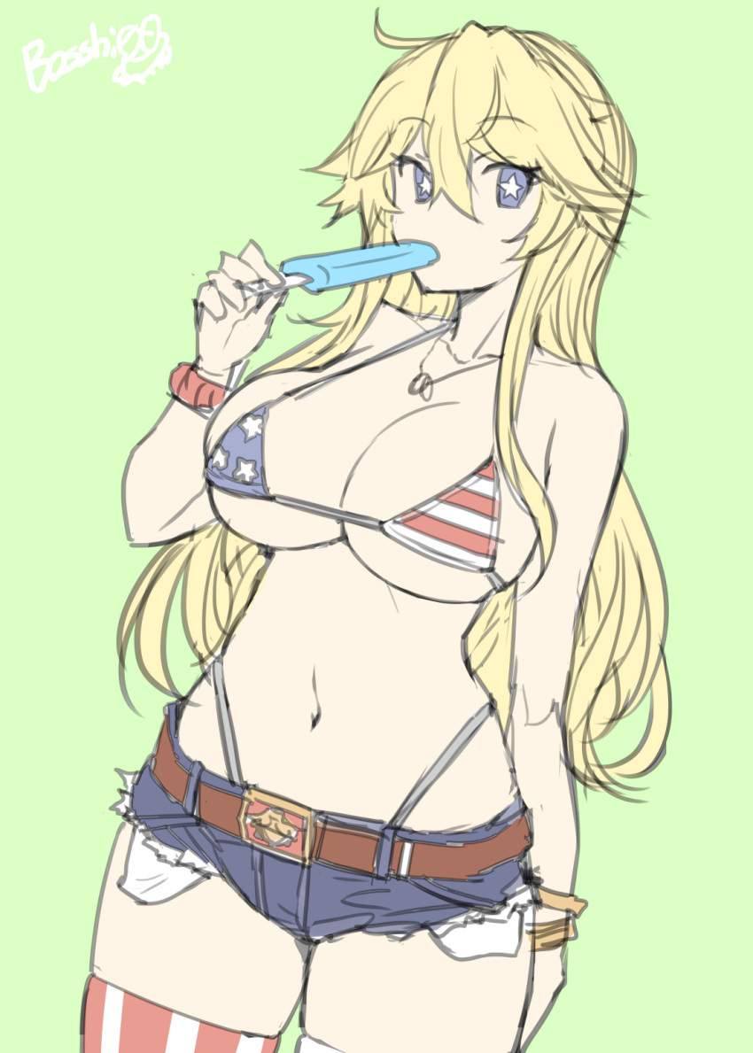 1girl american_flag_bikini american_flag_legwear bikini blonde_hair blue_eyes bosshi bracelet breasts commentary_request flag_print food food_in_mouth highleg highleg_panties highres holding holding_food holding_popsicle iowa_(kancolle) jewelry kantai_collection large_breasts long_hair micro_bikini micro_shorts navel necklace panties popsicle popsicle_in_mouth shorts signature sketch solo star-shaped_pupils star_(symbol) striped striped_thighhighs swimsuit symbol-shaped_pupils thighhighs underwear