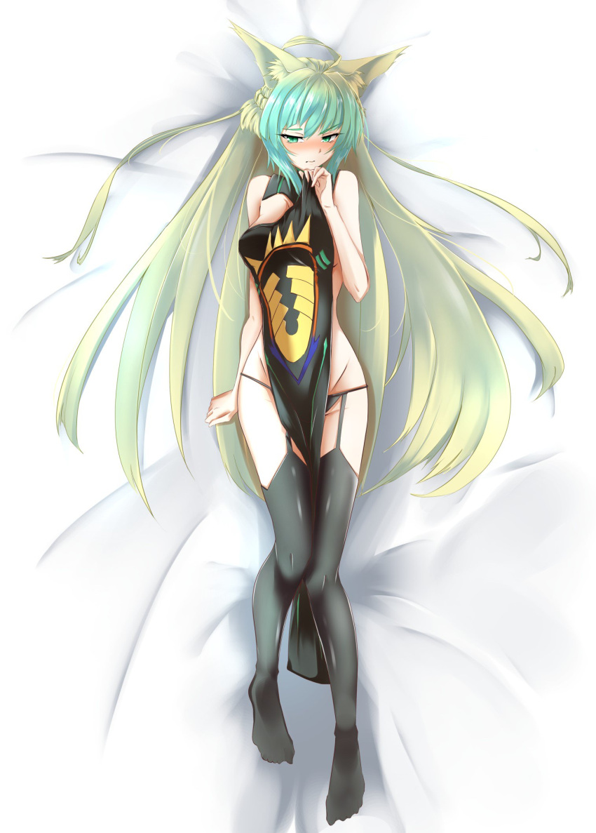 1girl animal_ears atalanta_(fate) bed_sheet black_thighhighs blonde_hair blush closed_mouth fate/apocrypha fate_(series) from_above full_body garter_belt garter_straps green_eyes green_hair hair_spread_out hand_up highres hiyuu_(judgment52432) holding holding_clothes looking_at_viewer lying naked_tabard on_back solo tabard thighhighs two_side_up white_background
