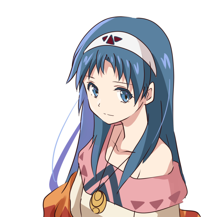 1girl bare_shoulders blue_eyes blue_hair closed_mouth hairband highres jewelry kurumiyasan_ns long_hair looking_at_viewer lucia_(lunar) lunar lunar_2:_eternal_blue necklace pendant simple_background smile solo white_background