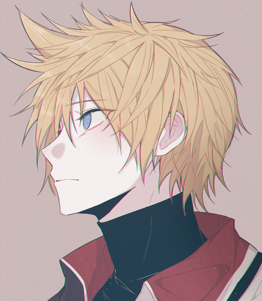 1boy black_shirt blonde_hair closed_mouth gongju_s2 high_collar highres jacket kingdom_hearts light_brown_background looking_ahead shirt short_hair simple_background solo turtleneck ventus_(kingdom_hearts)