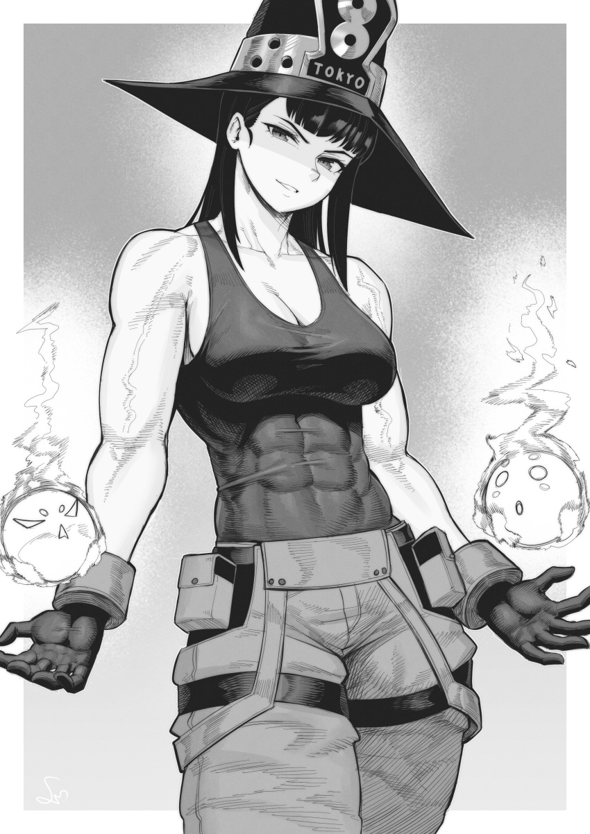 1girl absurdres black_gloves black_hair breasts cleavage covered_abs cowboy_shot en'en_no_shouboutai gloves greyscale grin hat highres maki_oze monochrome muscular muscular_female pants smile solo speedl00ver witch_hat