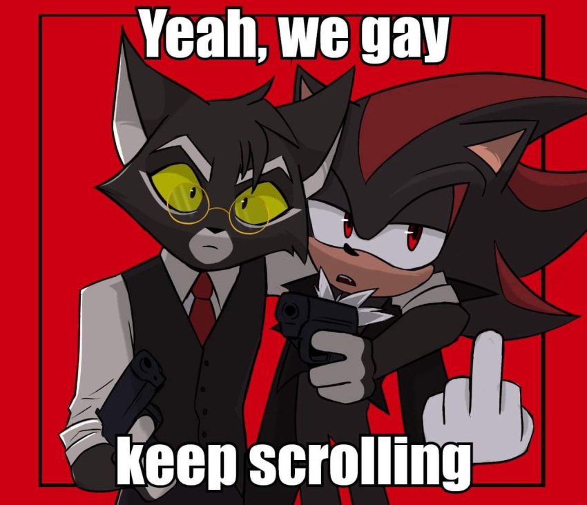 anthro domestic_cat duo eulipotyphlan felid feline felis gun hedgehog lackadaisy male male/male mammal meme mordecai_heller ranged_weapon sega shadow_the_hedgehog sonic_the_hedgehog_(series) thisisanerror weapon webcomic