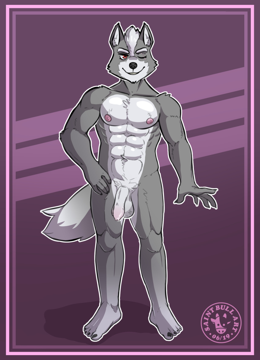 2019 4_toes 5_fingers abs absurd_res alternate_version_at_source anthro artist_name athletic athletic_male balls belly black_nose canid canine canis claws crotch_tuft digital_media_(artwork) eye_scar eyebrows facial_scar feet fingers flaccid fluffy fluffy_tail foreskin front_view fur genitals grey_body grey_fur hair hi_res humanoid_genitalia humanoid_penis looking_at_viewer male mammal muscular navel nintendo nipples nude one_eye_closed outline pecs penis pinup plantigrade pose quads red_eyes saintbullart scar simple_background smile solo standing star_fox tail toes tuft watermark white_belly white_eyebrows white_hair white_outline wink wolf wolf_o'donnell