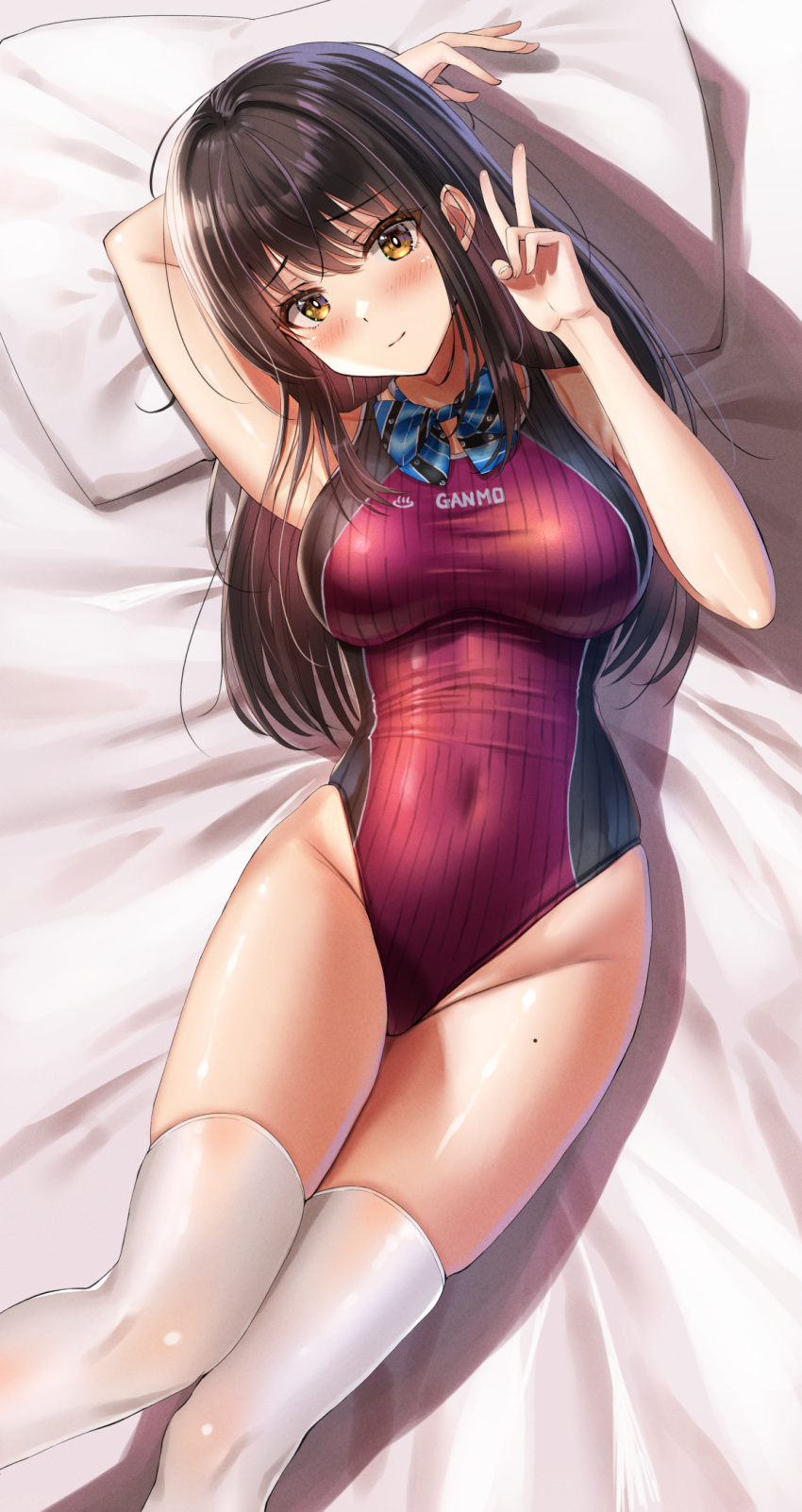 1girl arm_behind_head black_hair blue_bow blue_bowtie blush bow bowtie breasts brown_eyes commentary_request competition_swimsuit covered_navel feet_out_of_frame highleg highleg_swimsuit highres long_hair lying medium_breasts one-piece_swimsuit original pillow red_bow red_one-piece_swimsuit school_swimsuit smile solo striped striped_bow striped_bowtie swimsuit thighhighs white_thighhighs yukemuriganmo