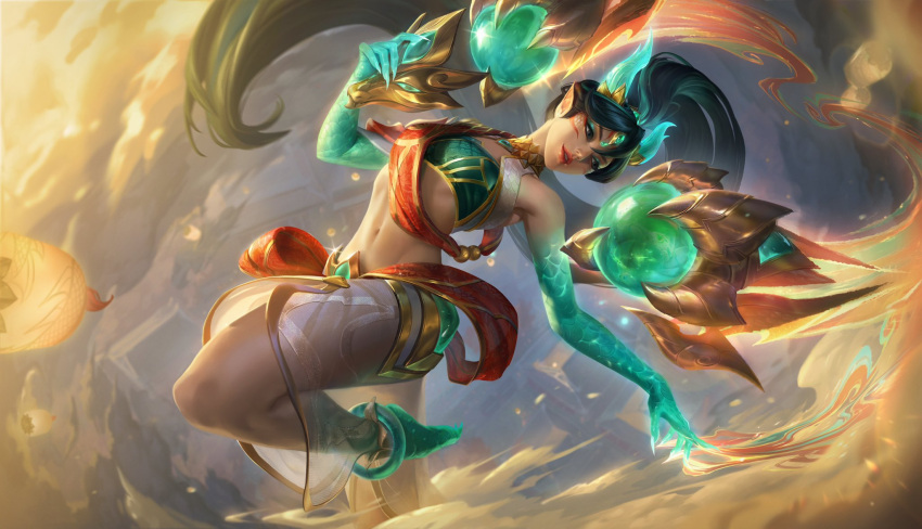 1girl black_hair cowboy_shot detached_wings dragon_horns dust facial_mark floating forehead forehead_mark green_eyes hair_between_eyes heavenscale_kai'sa highres horns kai'sa lamp league_of_legends long_hair looking_to_the_side makeup navel official_alternate_costume official_alternate_hairstyle official_art outdoors pointy_ears ponytail sky smile solo stomach very_long_hair wings