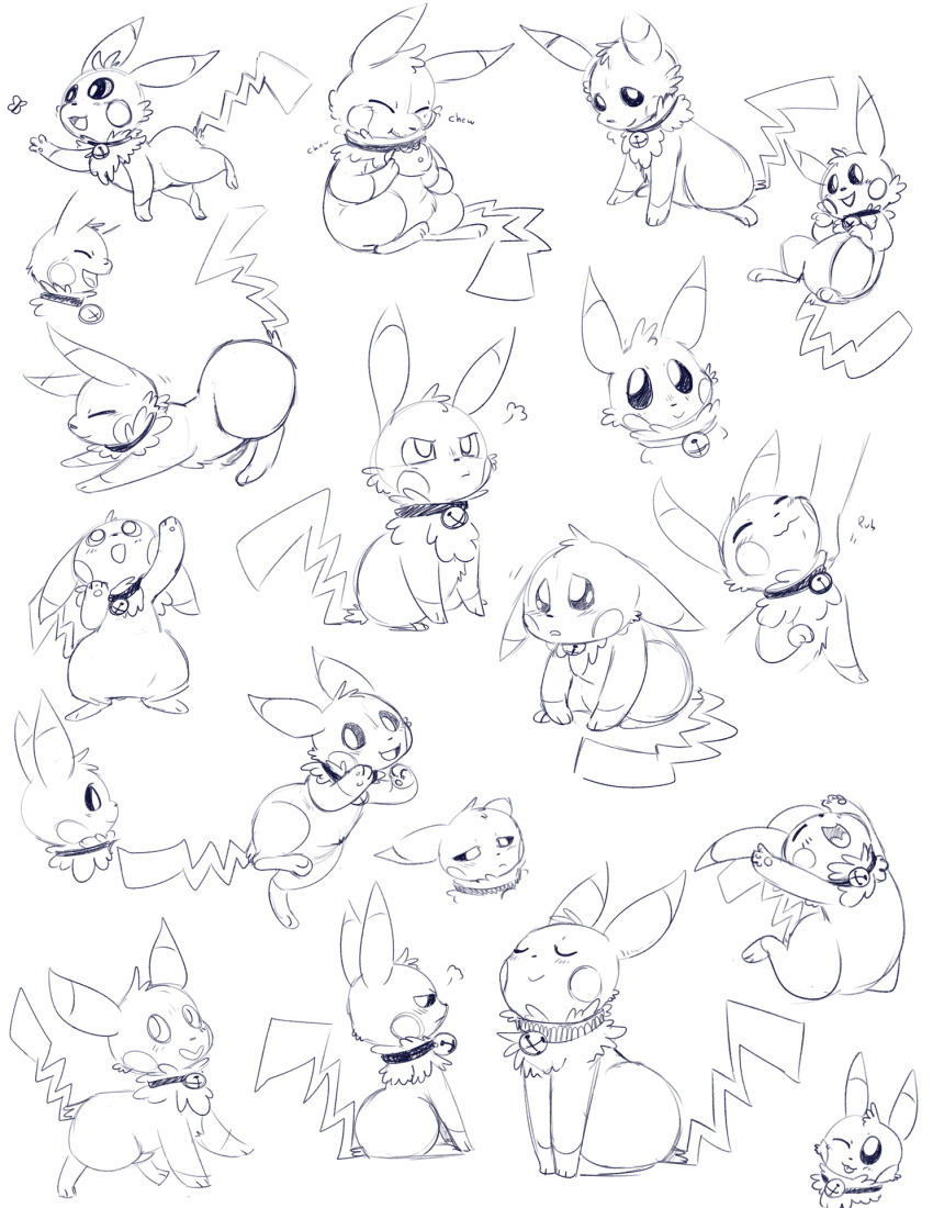 2016 3_fingers 3_toes arthropod bell bell_collar black_nose butterfly collar eevee english_text eyes_closed fakemon feet feral fingers food generation_1_pokemon grumpy half-closed_eyes happy hi_res insect lepidopteran mac_(shrike_alvaron) male model_sheet multiple_poses multiple_positions narrowed_eyes nintendo open_mouth pawpads paws pikachu pokemon pokemon_(species) pose solo stretching text toes unknown_artist