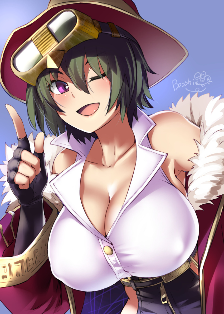 1girl armpit_peek artist_name black_gloves bosshi breasts cleavage commentary_request covered_nipples eden's_ritter_grenze fingerless_gloves fur-trimmed_jacket fur_trim gloves goggles goggles_on_head green_hair hat highres index_finger_raised jacket large_breasts medium_hair one_eye_closed open_mouth purple_eyes red_jacket ritter_curson side_slit signature smile solo upper_body