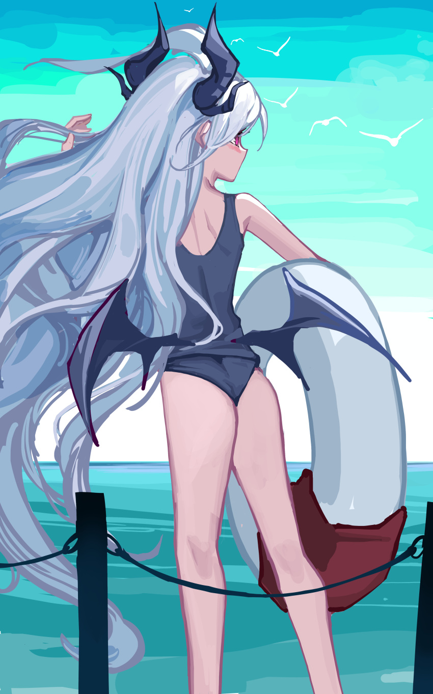 1girl absurdres armpits ass bare_arms bare_legs bare_shoulders black_horns black_one-piece_swimsuit black_wings blue_archive demon_horns demon_wings feet_out_of_frame highres hina_(blue_archive) hina_(swimsuit)_(blue_archive) horns innertube kneepits long_hair off-shoulder_one-piece_swimsuit off_shoulder official_alternate_costume one-piece_swimsuit purple_eyes sketch solo swim_ring swimsuit very_long_hair water white_hair wings yaoshan_shi