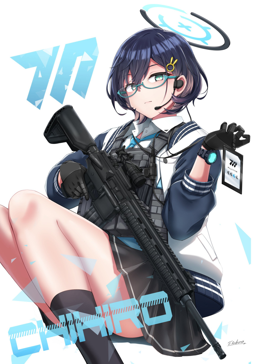 1girl absurdres ammunition_pouch assault_rifle black_gloves black_socks blue-framed_eyewear blue_archive blue_eyes blue_hair blue_necktie character_name chihiro_(blue_archive) closed_mouth collared_shirt commentary_request feet_out_of_frame glasses gloves gun h&amp;k_hk416 hair_ornament hairclip halo hand_up highres holding holding_weapon jacket letterman_jacket looking_at_viewer magazine_(weapon) medium_hair millennium_science_school_logo necktie open_clothes open_jacket plate_carrier pleated_skirt pouch rifle scope sekino_takehiro semi-rimless_eyewear shirt signature simple_background skirt socks solo tag trigger_discipline watch weapon white_background white_shirt wristwatch