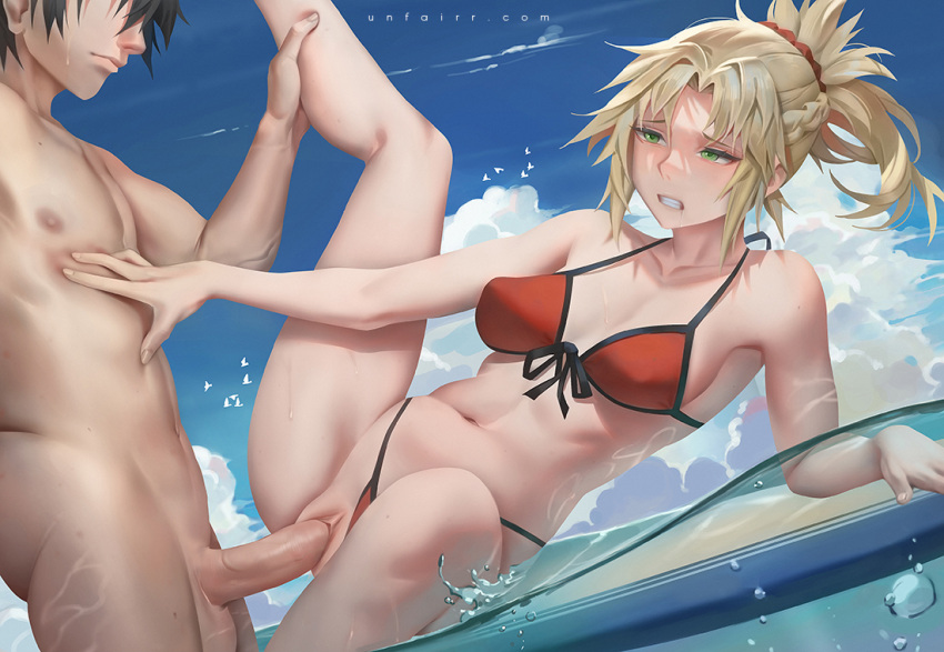 1boy 1girl bare_shoulders bikini black_hair blonde_hair blue_sky blush braid breasts cleavage collarbone commentary day english_commentary erection fate/grand_order fate_(series) french_braid fujimaru_ritsuka_(male) green_eyes grin hair_ornament hair_scrunchie hetero long_hair lying md5_mismatch medium_breasts mordred_(fate) mordred_(swimsuit_rider)_(fate) mordred_(swimsuit_rider)_(first_ascension)_(fate) navel nude ocean on_side outdoors parted_bangs penis ponytail prydwen_(fate) pussy red_bikini scrunchie sex short_hair sidelocks sky smile spread_legs surfboard swimsuit uncensored unfairr vaginal variant_set water