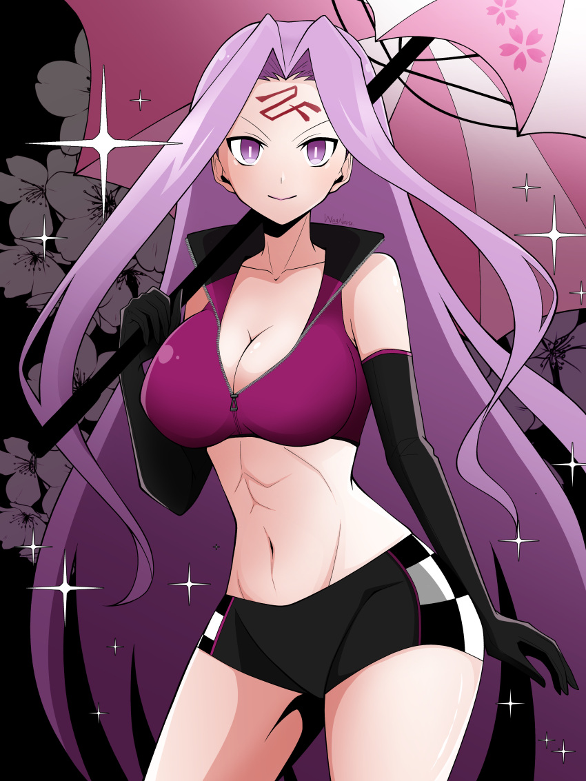 1girl absurdres bare_shoulders black_gloves black_shorts breasts cleavage collarbone elbow_gloves fate/grand_order fate_(series) forehead gloves highres large_breasts long_hair looking_at_viewer medusa_(fate) medusa_(rider)_(fate) navel parted_bangs purple_eyes purple_hair purple_sports_bra race_queen shorts sidelocks smile sports_bra umbrella very_long_hair wagu_neru