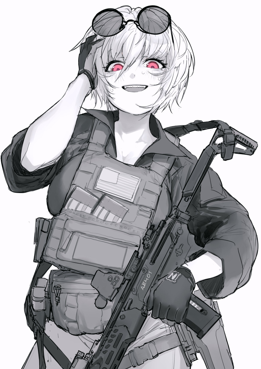 1girl absurdres alma01 american_flag assault_rifle blush breast_press breasts cleavage collar collarbone eotech eyelashes eyeliner eyewear_on_head fanny_pack gloves gun gun_sling highres holding holding_gun holding_weapon holster jacket large_breasts laser_sight looking_at_viewer magazine_(weapon) makeup open_mouth optical_sight original rifle sharp_teeth simple_background sleeves_rolled_up smile solo sunglasses sweat sweatdrop teeth thigh_holster weapon white_background white_hair