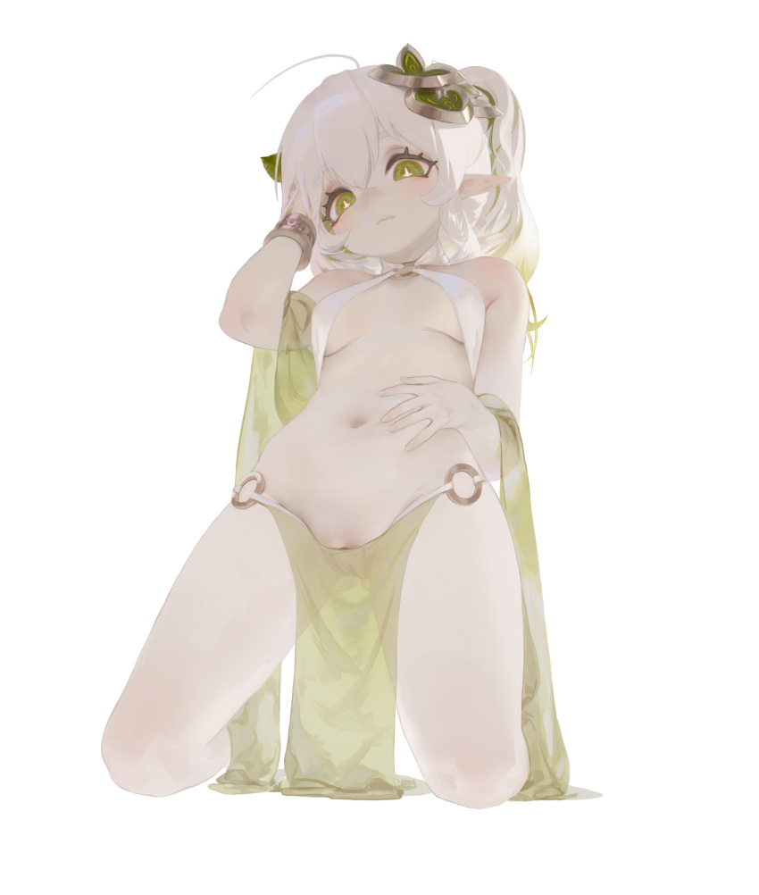 1girl absurdres ahoge blush breasts cleft_of_venus colored_skin commentary_request cross-shaped_pupils eyelashes genshin_impact gradient_hair green_eyes green_hair green_shawl hair_between_eyes hair_ornament hand_on_own_head hand_on_own_stomach highres kneeling leaf_hair_ornament long_hair looking_at_viewer ming_chen multicolored_hair nahida_(genshin_impact) o-ring o-ring_bottom o-ring_top pelvic_curtain pussy pussy_peek seductive_smile see-through see-through_shawl shawl side_ponytail sidelocks small_breasts smile solo symbol-shaped_pupils thighs underboob white_background white_hair white_skin