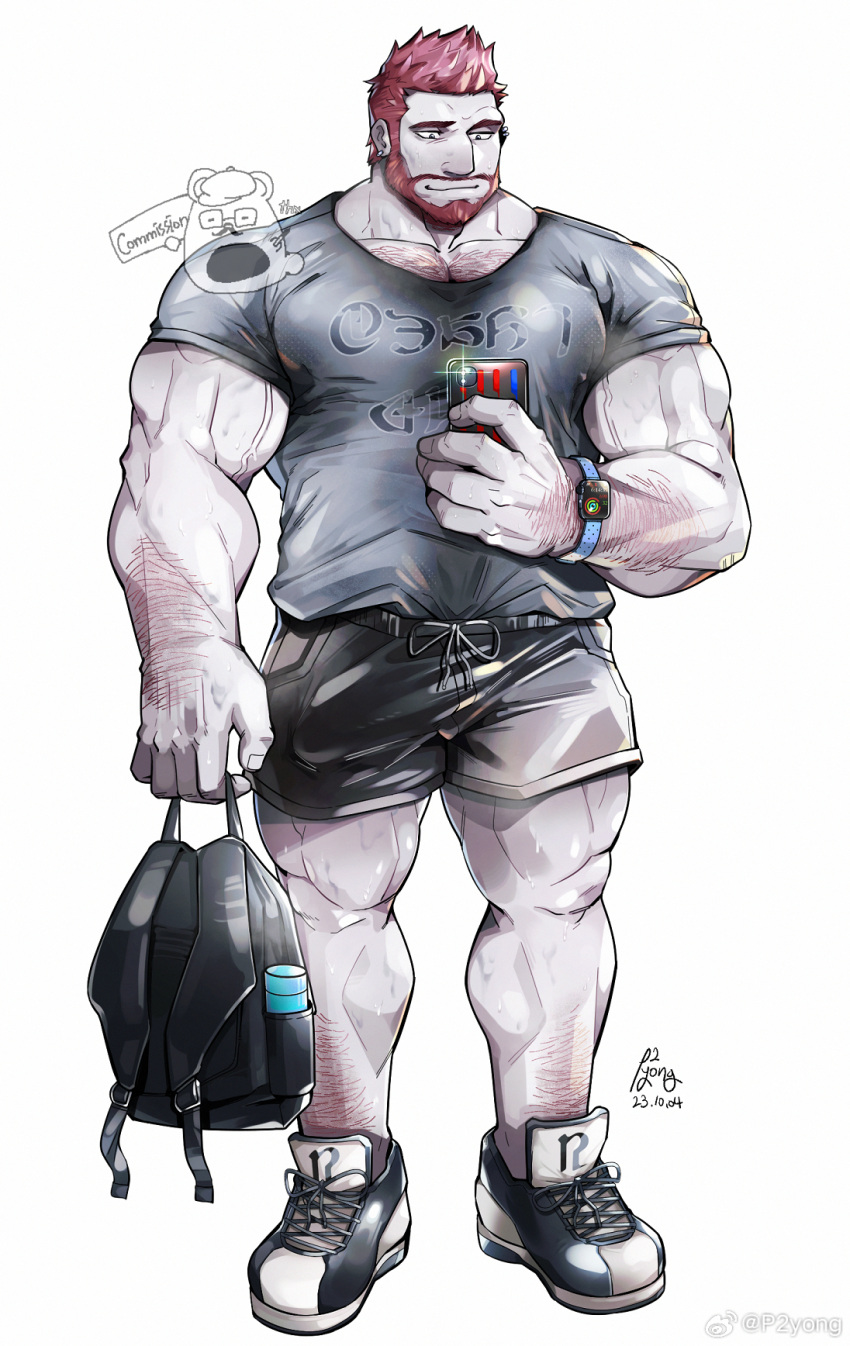 1boy bag bara beard black_shorts chest_hair_peek covered_nipples facial_hair final_fantasy final_fantasy_xiv full_beard full_body hairy hand_hair highres holding holding_bag holding_phone large_pectorals male_focus mature_male muscular muscular_male pale_skin pectorals phone ppyong roegadyn sanpaku shirt short_hair short_shorts shorts smile solo sparse_leg_hair sweat t-shirt thick_arm_hair thick_beard thick_eyebrows tsurime veins veiny_arms very_sweaty warrior_of_light_(ff14)