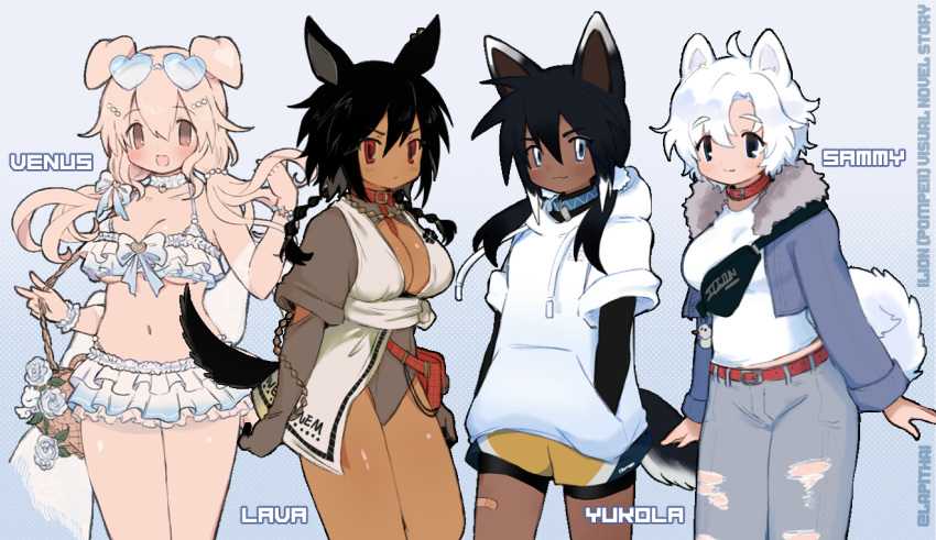 4girls :/ :3 animal_collar animal_ears bandaid bandaid_on_leg bandaid_on_thigh bikini black_hair blonde_hair blue-tinted_eyewear blue_background blue_bikini blue_bow blue_eyes blue_flower blue_jacket blue_rose bow bracelet braid breasts brown_eyes brown_leotard charm_(object) chest_harness cleavage_cutout closed_mouth clothing_cutout collar colored_inner_hair colored_tips cowboy_shot cropped_jacket curled_tail dark-skinned_female dark_skin denim dog_ears dog_girl dog_tail ear_piercing english_commentary eyewear_on_head fanny_pack flower frilled_bikini frills fur-trimmed_jacket fur_collar fur_trim gradient_background grey_hair grey_pants hair_between_eyes hair_bow hands_in_pockets harness heart heart-shaped_eyewear hood hoodie jacket jeans jewelry lapithai large_breasts leotard long_sleeves looking_at_viewer low_twintails midriff_peek multicolored_hair multiple_girls no_sclera original pants piercing red_collar red_eyes rose see-through_shawl shawl shirt short_hair shorts sidelocks simple_background sleeves_rolled_up standing sunglasses swimsuit tail tinted_eyewear torn_clothes torn_jeans torn_pants twin_braids twintails white_hair white_hoodie white_shirt