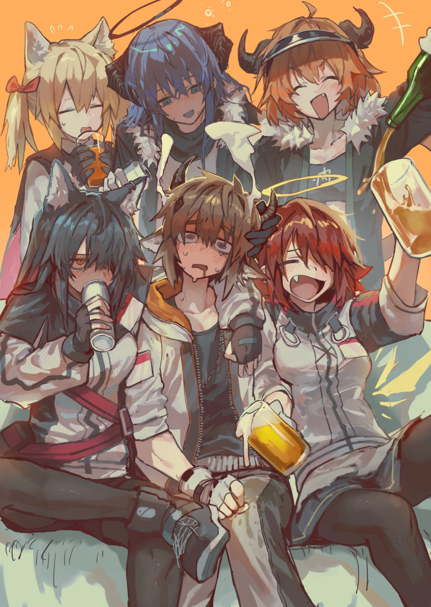 1boy 5girls alcohol angel animal_ear_fluff animal_ears arknights beer beer_bottle beer_can beer_mug bison_(arknights) black_halo black_jacket blue_hair can cow_boy cow_girl cow_horns croissant_(arknights) cup demon_horns drink_can drunk exusiai_(arknights) fur-trimmed_jacket fur_trim halo highres horns jacket mostima_(arknights) mug multiple_girls mutomorokoshi penguin_logistics_(arknights) red_hair sitting sora_(arknights) texas_(arknights) wolf_ears wolf_girl