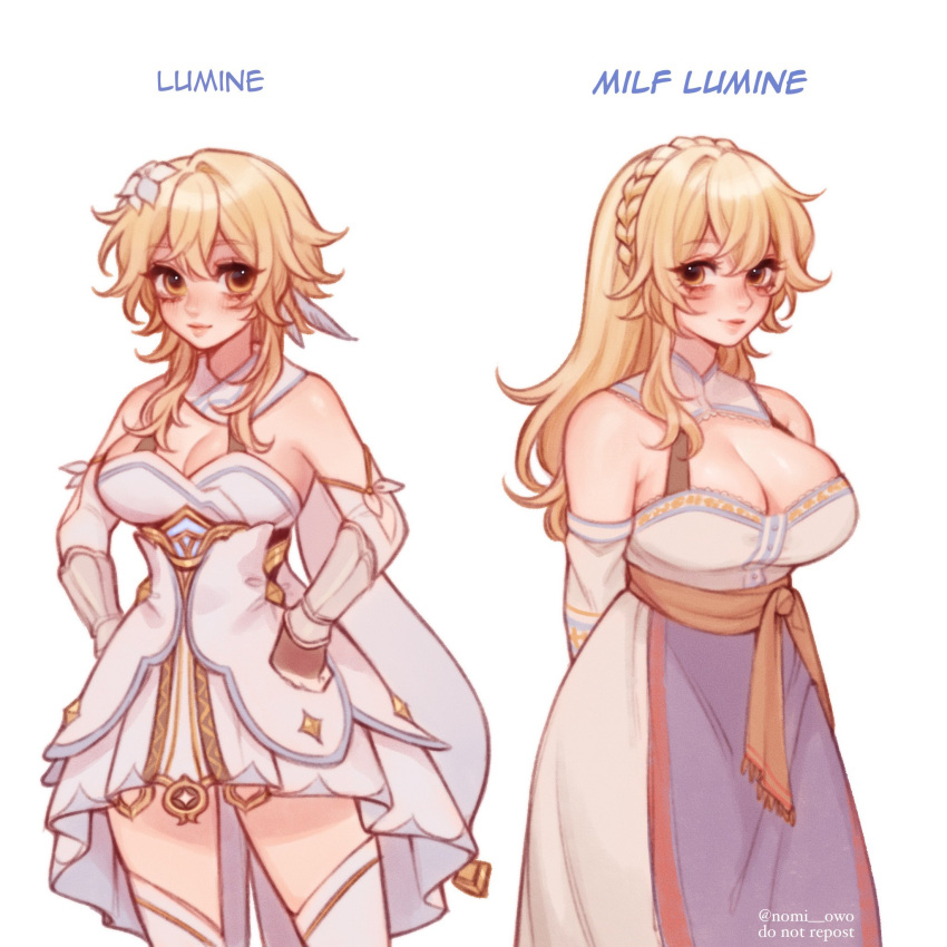 1girl age_progression aged_up alternate_breast_size alternate_hair_length alternate_hairstyle bare_shoulders blonde_hair blush braid breasts crown_braid detached_sleeves dress flower genshin_impact gloves hair_between_eyes hair_flower hair_ornament highres large_breasts lumine_(genshin_impact) medium_breasts nomi_owo short_hair short_hair_with_long_locks sidelocks white_dress yellow_eyes