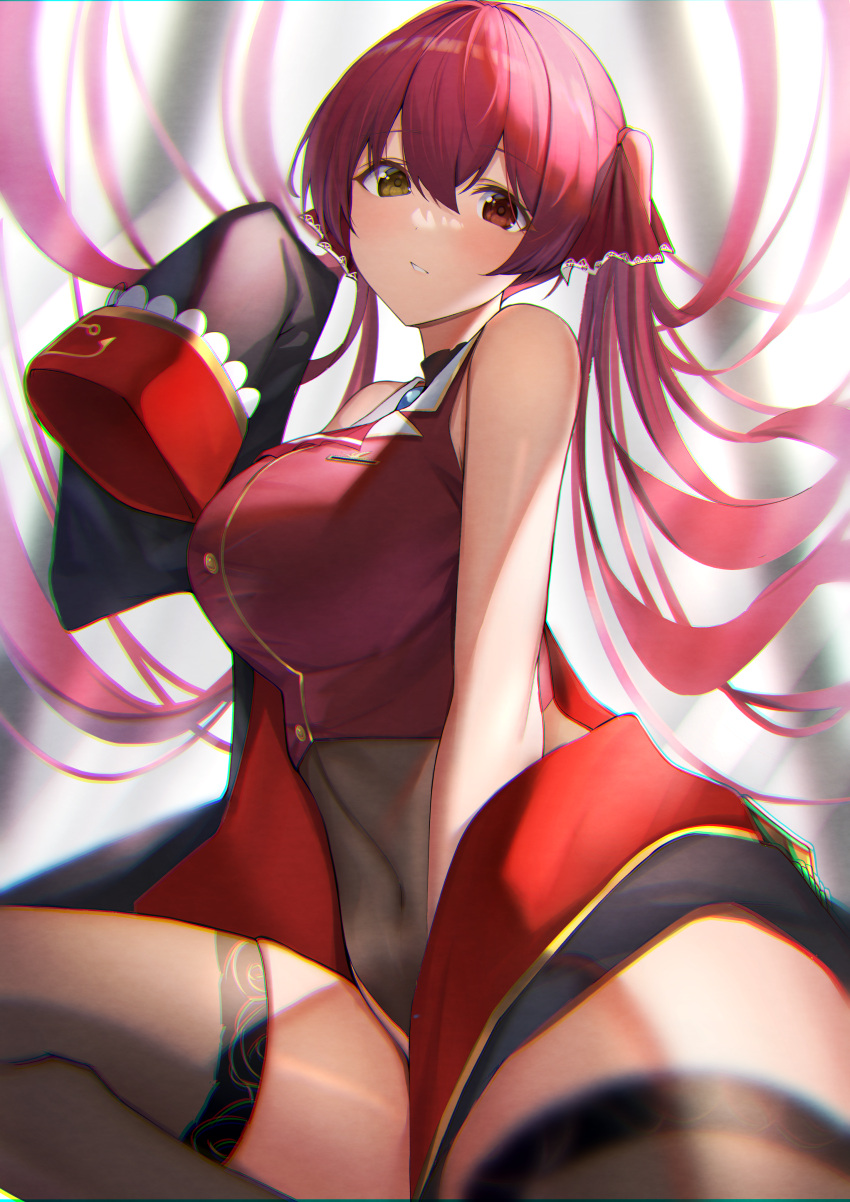 1girl absurdres arm_between_legs bare_arms bare_shoulders black_coat black_thighhighs blush breasts buttons coat covered_navel cropped_jacket eyepatch floating_hair gold_trim hair_ribbon hand_up heterochromia highleg highleg_leotard highres hololive houshou_marine houshou_marine_(1st_costume) jacket lace-trimmed_legwear lace-trimmed_thighhighs lace_trim large_breasts leotard leotard_under_clothes long_hair looking_at_viewer menmen_(menmen13s) no_headwear no_pants off_shoulder parted_lips red_eyes red_hair red_jacket red_ribbon ribbon see-through see-through_leotard skindentation sleeveless sleeveless_jacket sleeves_past_fingers sleeves_past_wrists solo thighhighs twintails virtual_youtuber yellow_eyes