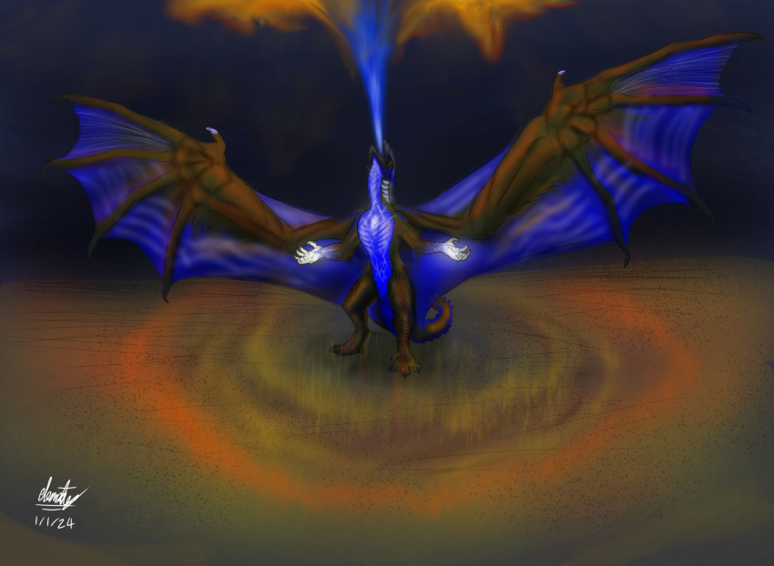 athletic big_wings bright_light claws dragon elemental_creature elements_(elementusmetta) elementusmetta energy feral glowing glowing_chest glowing_claws hi_res horn intimidation male pose power-up reptile sand scalie signature simple_background solo standing western_dragon wings