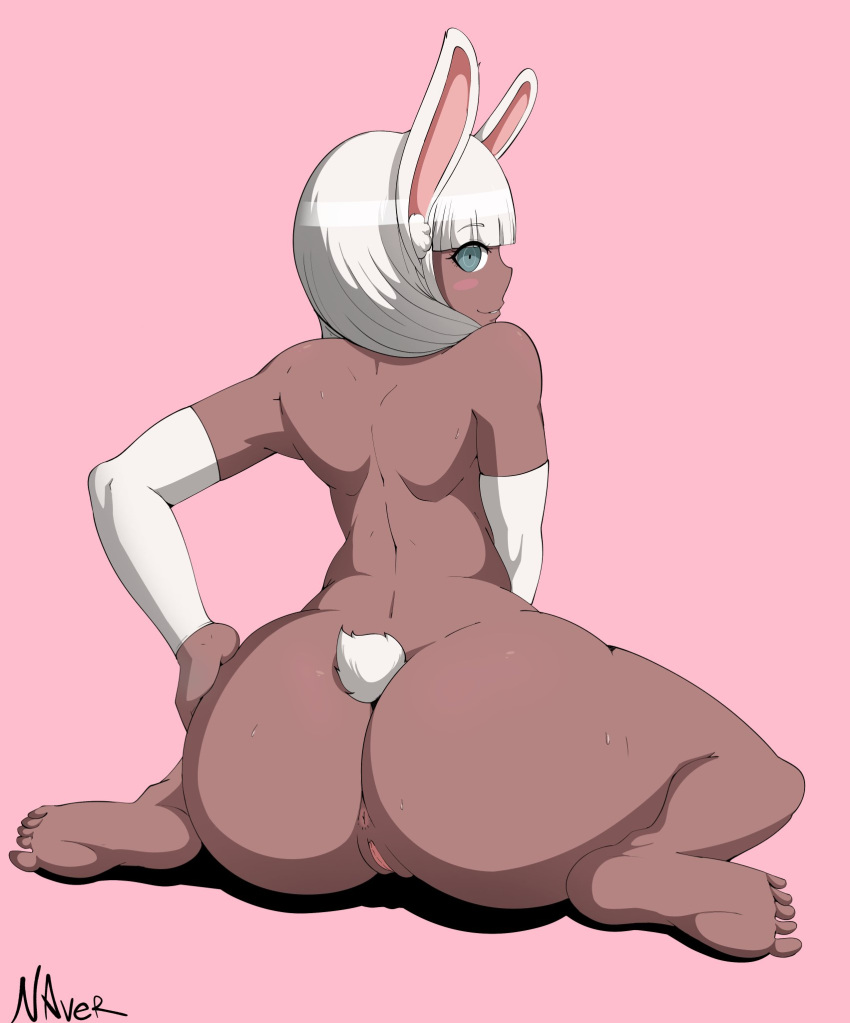 alternate_species angie_yonaga animal_ears animal_humanoid animal_tail anus armwear big_butt blue_eyes blush blush_stickers bodily_fluids butt clothing danganronpa danganronpa_v3 dark_body dark_skin eyelashes feet female fur genitals hair hi_res huge_butt humanoid kneeling lagomorph lagomorph_humanoid leporid_humanoid looking_at_viewer looking_back looking_back_at_viewer mammal mammal_humanoid naver_(artist) pink_background pussy rabbit_humanoid rear_view simple_background smile solo sweat sweatdrop thick_thighs white_armwear white_body white_clothing white_fur white_hair wide_hips