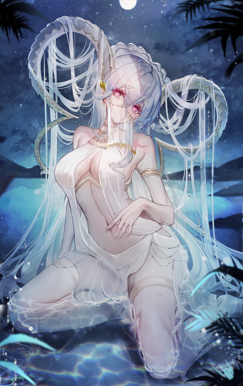1girl absurdres armlet bare_shoulders blush breasts chiachun0621 cleavage closed_mouth commentary_request fate/grand_order fate_(series) full_moon highres horns large_breasts larva_tiamat_(fate) long_hair looking_at_viewer moon navel night night_sky partially_submerged pink_eyes revision see-through shooting_star sky solo star_(sky) thick_thighs thighlet thighs tiamat_(fate) water wet white_hair