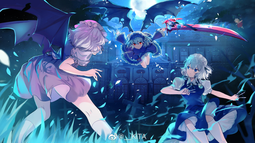 4girls bare_arms bat_wings battle between_fingers black_bow black_bowtie black_dress black_hairband black_ribbon black_sleeves black_wings blonde_hair blue_devil_in_the_belvedere. blue_dress blue_eyes bow bowtie breasts brooch character_request chinese_commentary closed_mouth clothes_lift cloud collared_shirt commentary_request cross crystal_wings dress dress_bow expressionless fighting flandre_scarlet flying frilled_dress frilled_hairband frilled_sleeves frills from_behind frown full_moon glowing glowing_eyes gothic_lolita grass grey_hair hair_ribbon hairband hat highres holding holding_knife holding_sword holding_weapon huge_weapon izayoi_sakuya jewelry kita_(kitairoha) kneehighs knife large_breasts lolita_fashion lolita_hairband long_sleeves looking_at_viewer maid maid_headdress mansion medium_dress mob_cap moon multiple_girls nail_polish night original outdoors outstretched_arms petals pink_dress pink_sleeves puffy_short_sleeves puffy_sleeves red_bow red_dress red_eyes red_nails remilia_scarlet ribbon shirt short_hair short_sleeves siblings sisters skirt skirt_lift sleeveless sleeveless_dress socks sword thighhighs torn_wings touhou watermark weapon weibo_logo weibo_username white_hair white_headdress white_headwear white_sleeves white_socks white_thighhighs wings