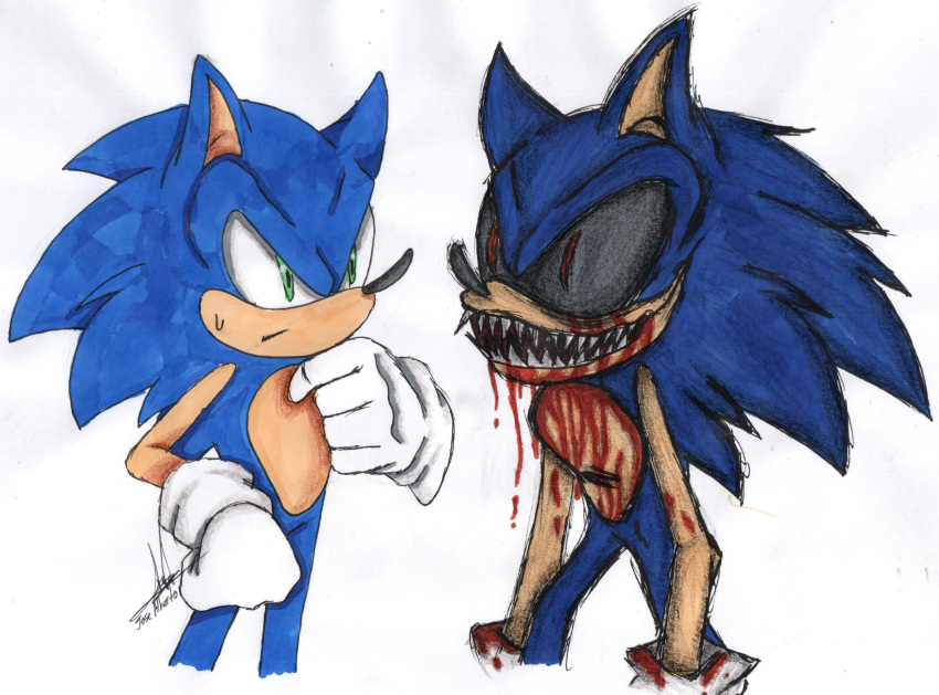 anthro blood blue_body blue_fur bodily_fluids clothing creepy creepypasta demonic duo eulipotyphlan fur gloves green_eyes handwear hedgehog hi_res horror_(theme) male mammal nightmare_fuel red_eyes sega sharp_teeth sonic.exe sonic.exe_(creepypasta) sonic_the_hedgehog sonic_the_hedgehog_(series) suicidal-andrade666 teeth traditional_media_(artwork)