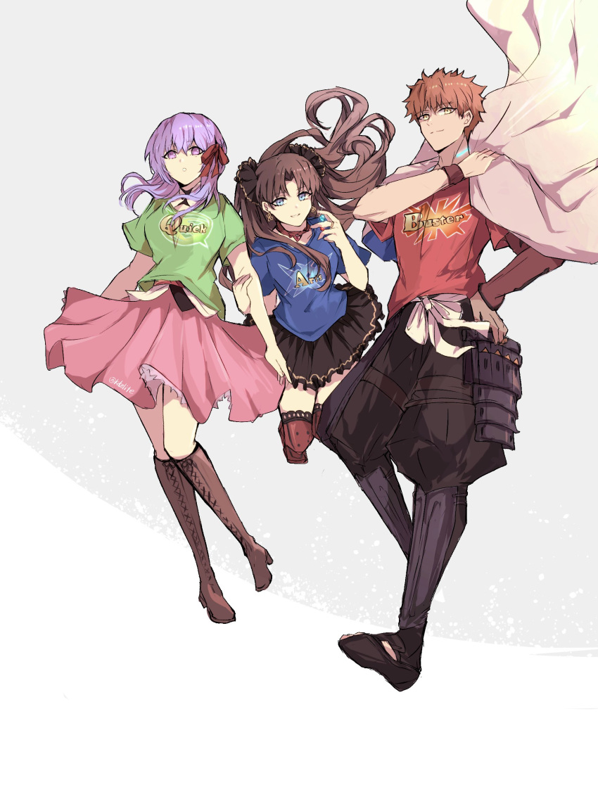 1boy 2girls absurdres black_hair black_pants black_skirt blue_eyes blue_shirt boots cross-laced_footwear emiya_shirou fate/grand_order fate/stay_night fate_(series) full_body green_shirt hair_ribbon highres jumping knee_boots lace-up_boots light_smile logo long_hair looking_at_viewer matou_sakura multiple_girls pants pink_skirt purple_eyes purple_hair red_hair red_shirt ribbon shirt siblings sisters skirt sodamachi standing t-shirt thighhighs tohsaka_rin two_side_up yellow_eyes zettai_ryouiki